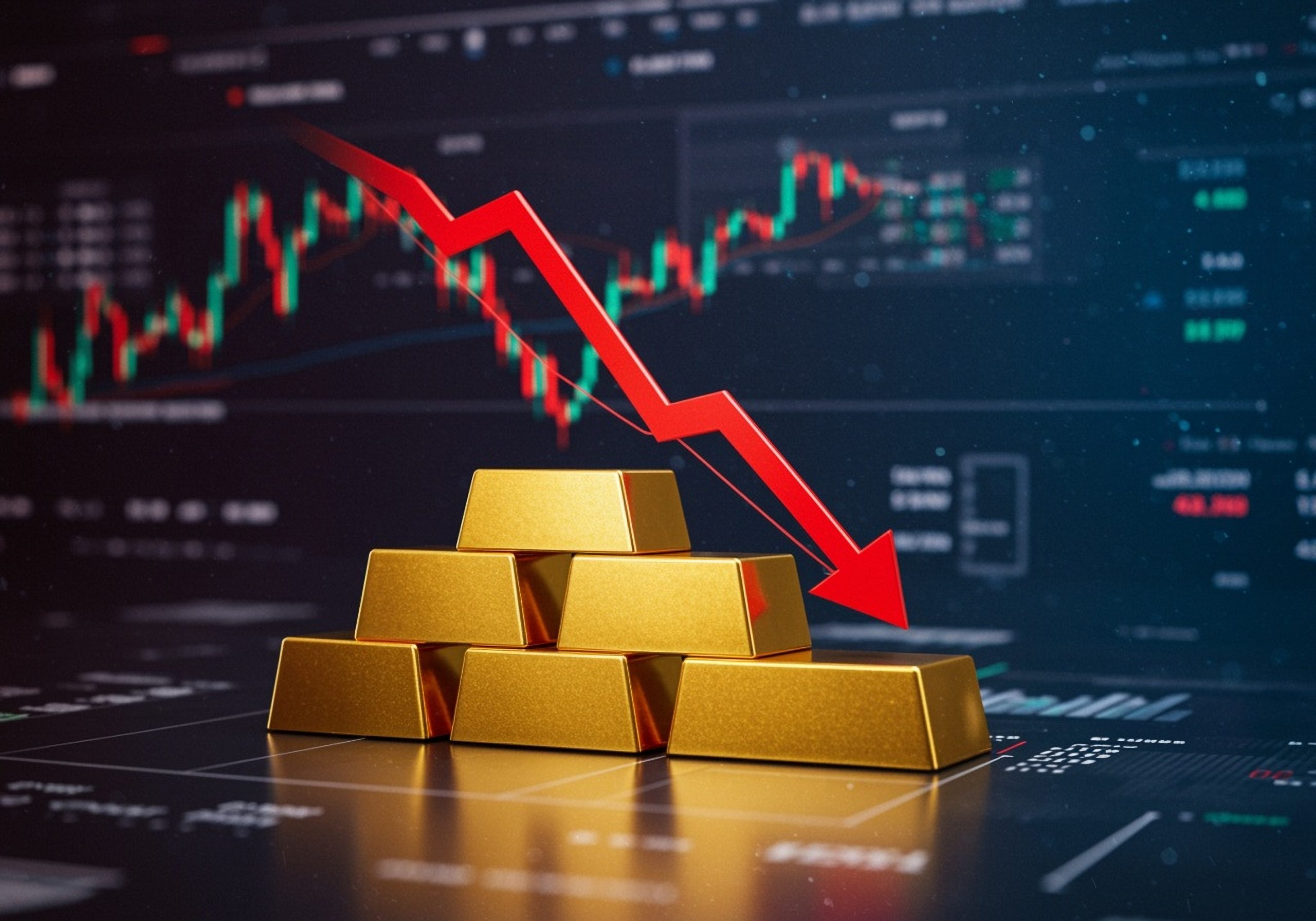 Stack of gold bars in the foreground with a red downward-trending arrow over a blurred stock market screen, signaling falling prices or a slump in market.