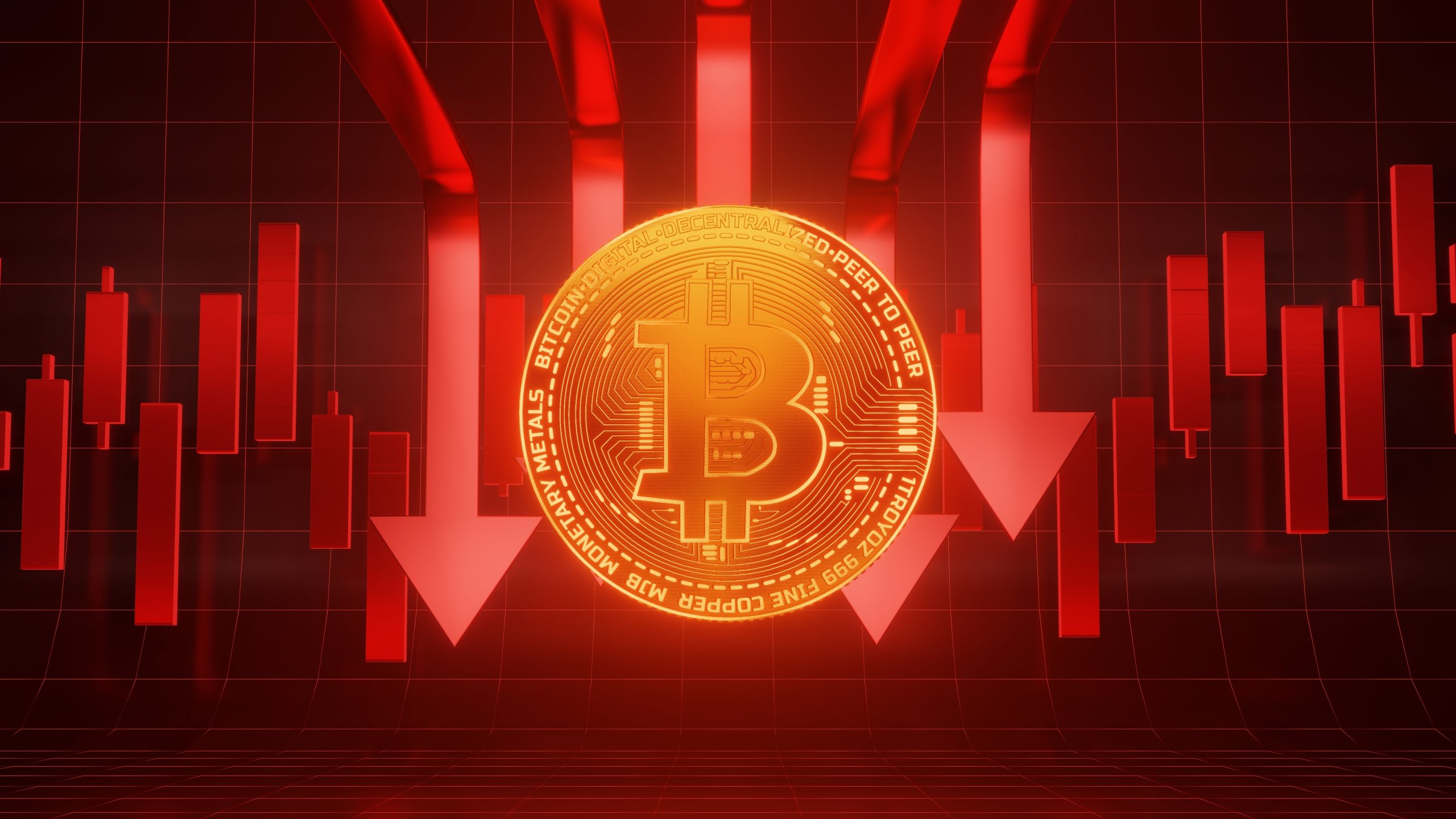 Glowing Bitcoin coin over a red downtrend chart with arrows pointing downward, symbolizing falling crypto prices.