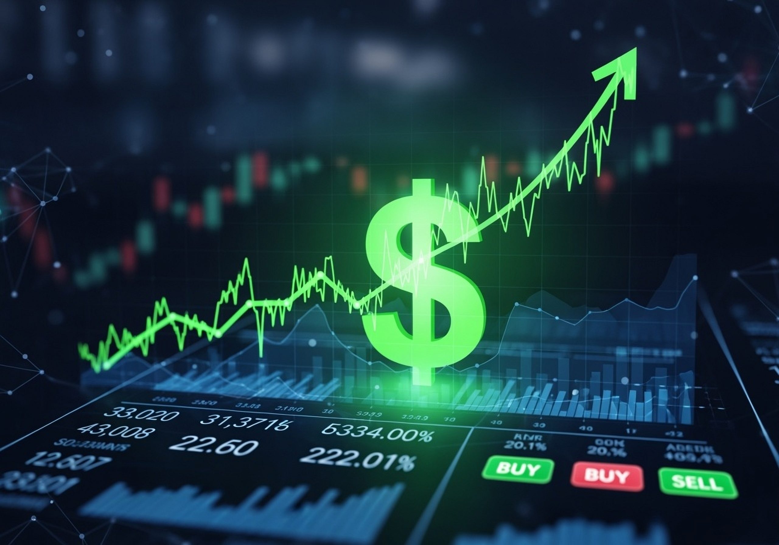 Green dollar sign overlain on an upward-trending stock chart with buy/sell buttons, signaling market growth.