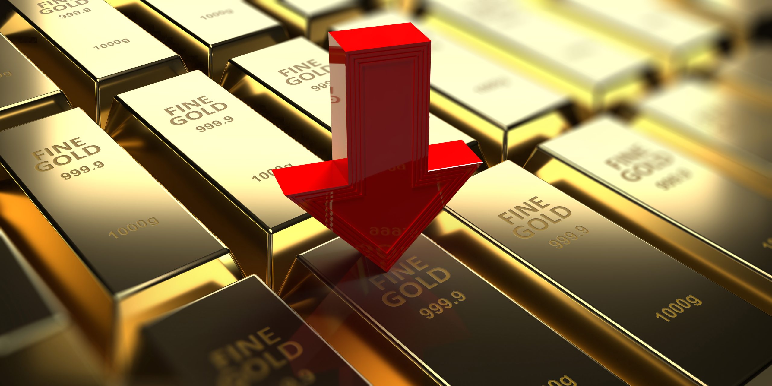 Stack of shiny gold bars with a bold red upward arrow, signaling rising gold prices or investment growth.