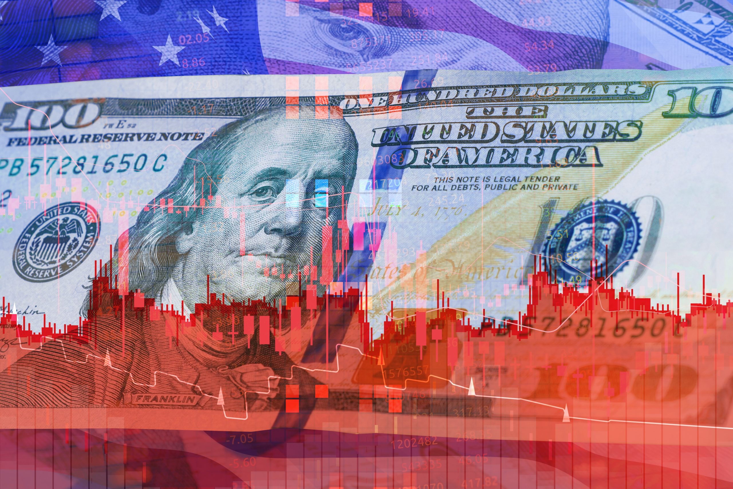 Close-up of a US $100 bill overlaid with red stock charts and blue market graphics, symbolizing finance and market volatility.